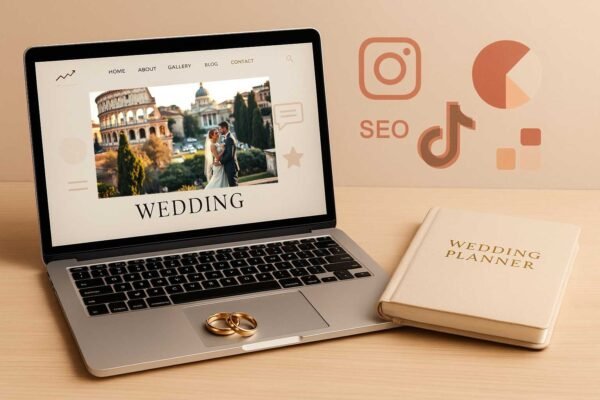 Laptop cu site de nuntă deschis, verighete aurii și planner, simboluri SEO și social media în fundal – concept wedding marketing 2025.