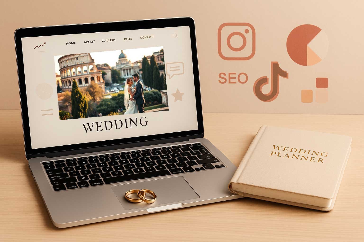 Laptop cu site de nuntă deschis, verighete aurii și planner, simboluri SEO și social media în fundal – concept wedding marketing 2025.